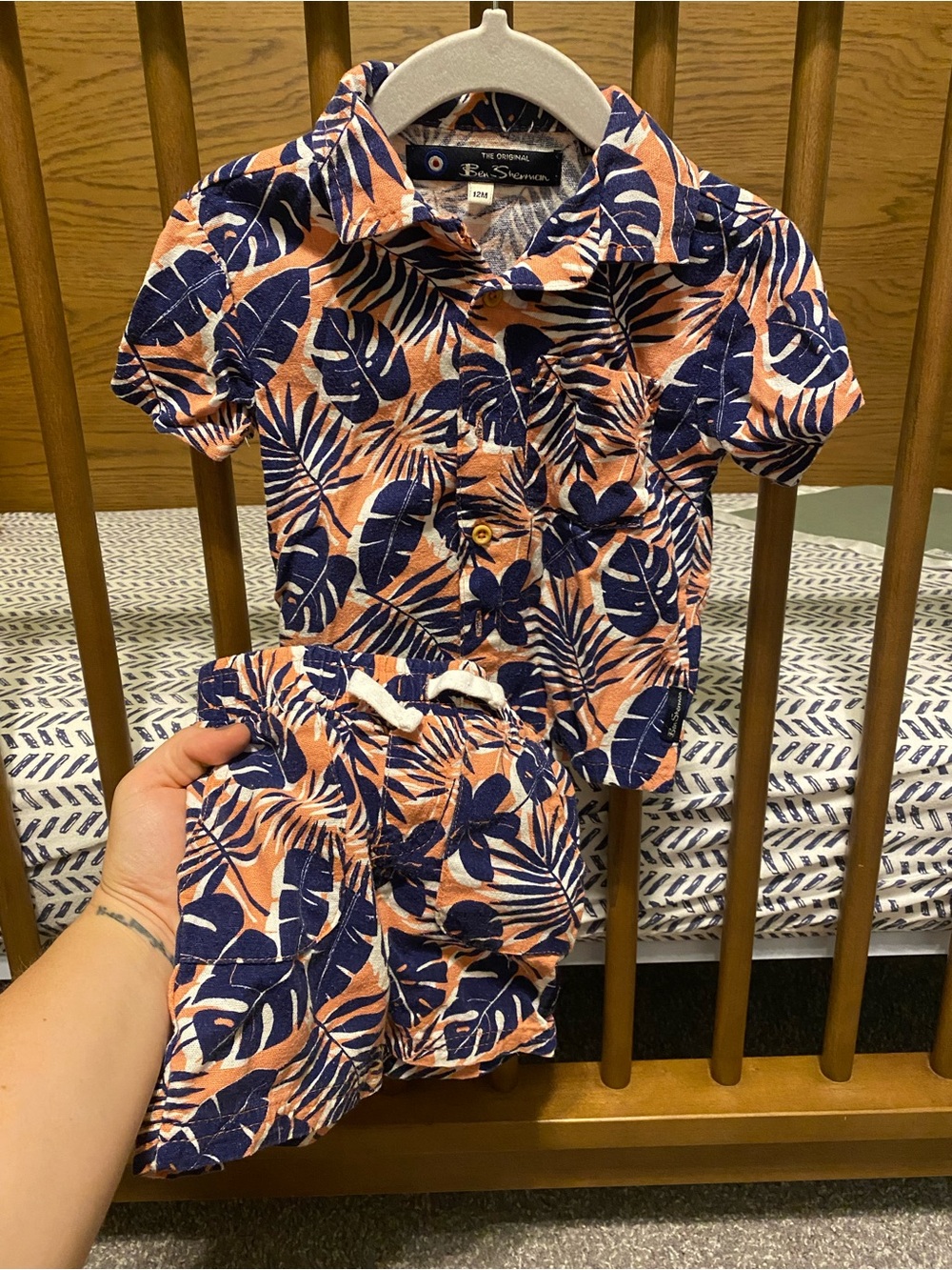 Ben Sherman Navy Leaf-Print Pajama Set with Peach Background